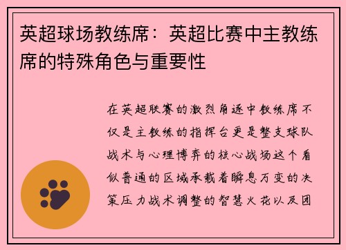 英超球场教练席：英超比赛中主教练席的特殊角色与重要性