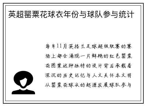 英超罂粟花球衣年份与球队参与统计